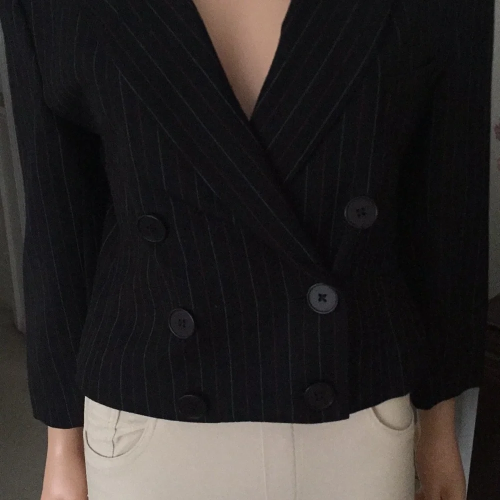 Vintage Evan Picone Virgin Wool Cropped Double Breasted Pinstriped Blazer Size 8 - Picture 5 of 11